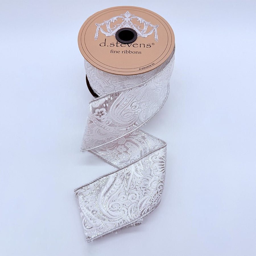 Silver White Jacquard Metallic Boteh Ribbon 2.5" x 10 Yds