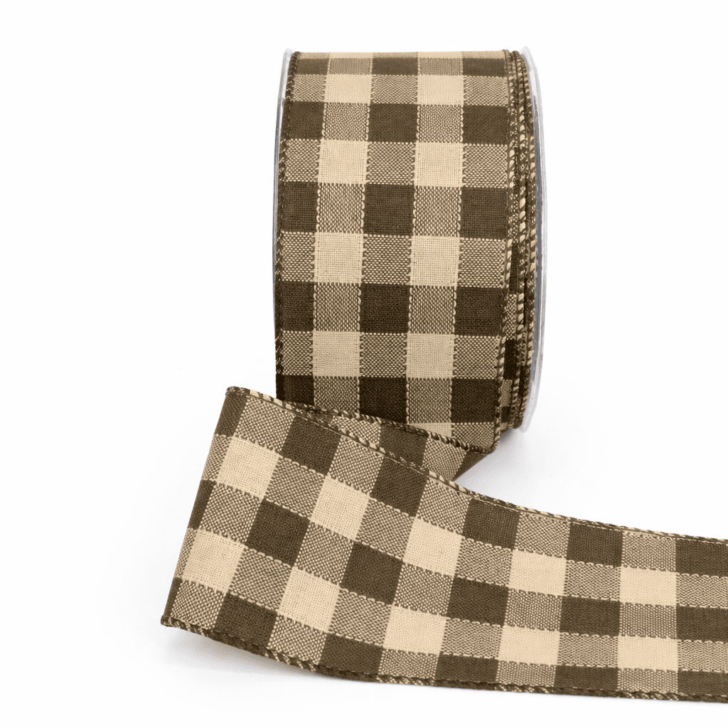 2.5 Inch Woven Check Ribbon with Wired Edge – 450-25-16 Olive Green/Natural