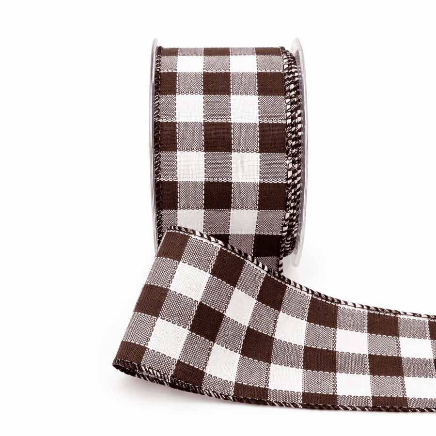 2.5 Inch Woven Check Ribbon with Wired Edge – 450-25-33 Brown/White
