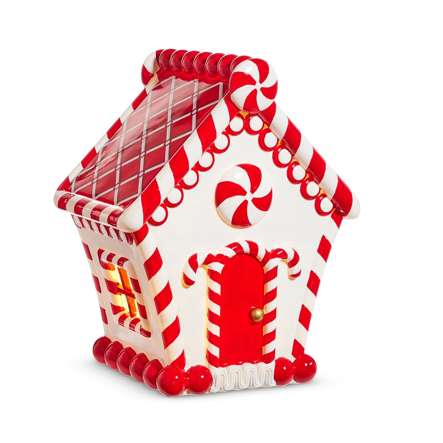 16" Lighted Red White Peppermint Gingerbread House