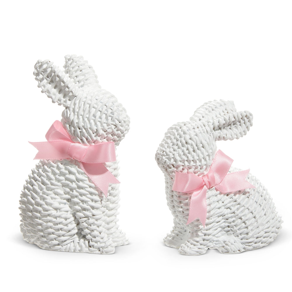 5.25" White Woven Bunnies with Bows in Set Of 2 White