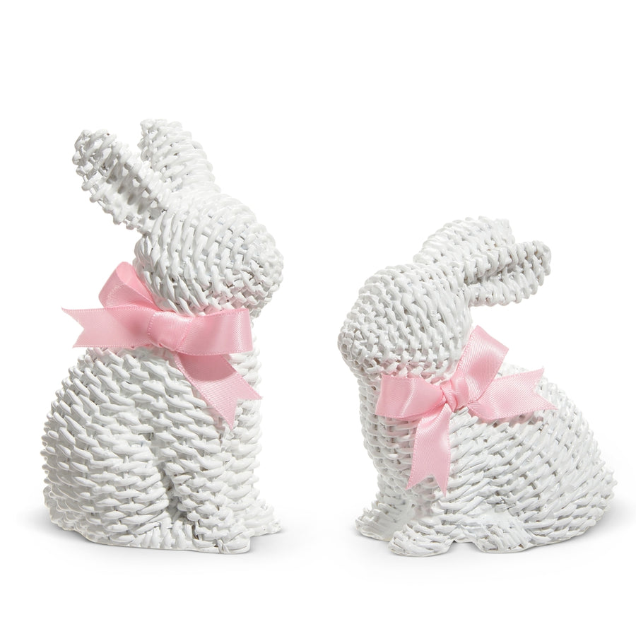 5.25" White Woven Bunnies with Bows in Set Of 2 White