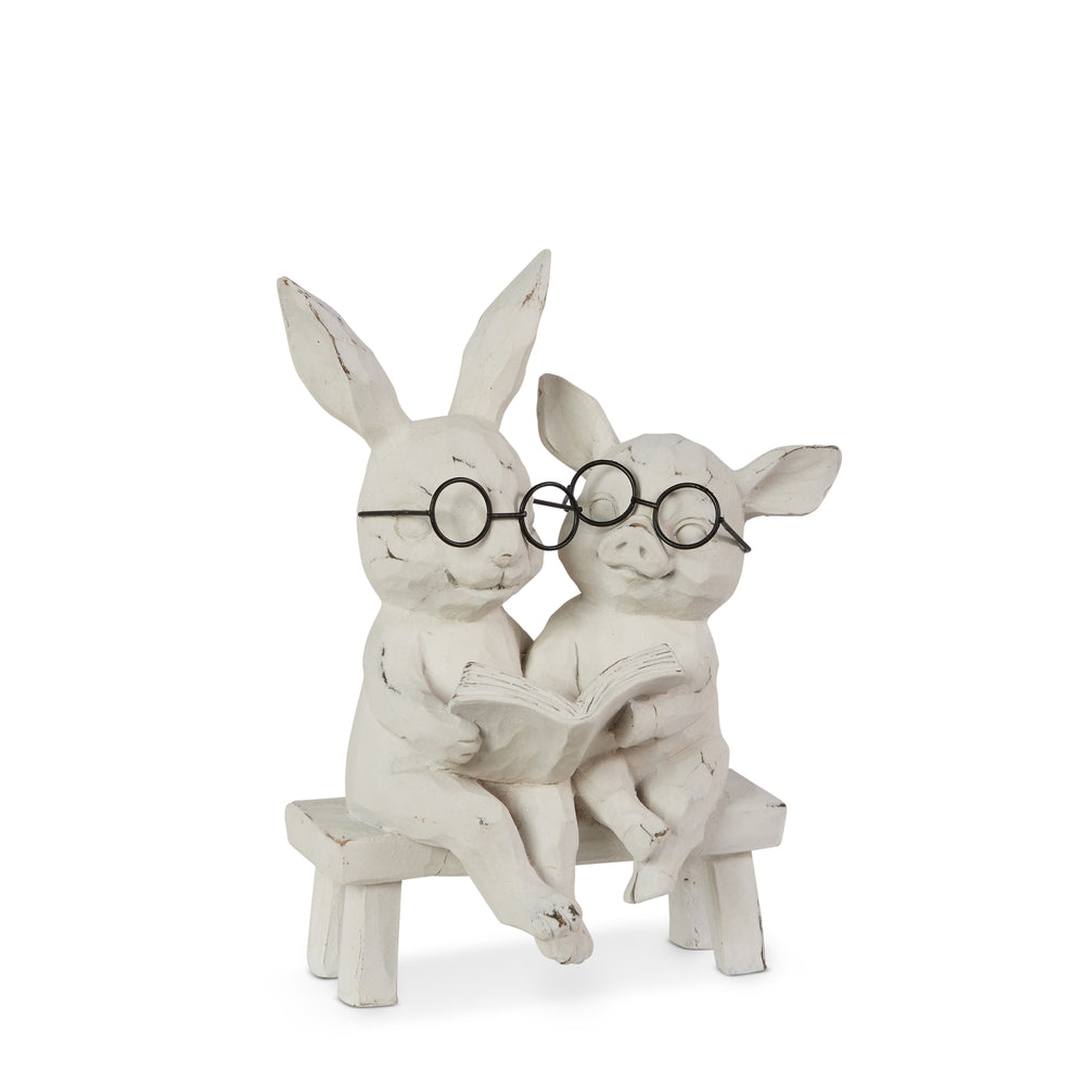 7" Reading Bunny and Pig on Bench - Resin And Iron