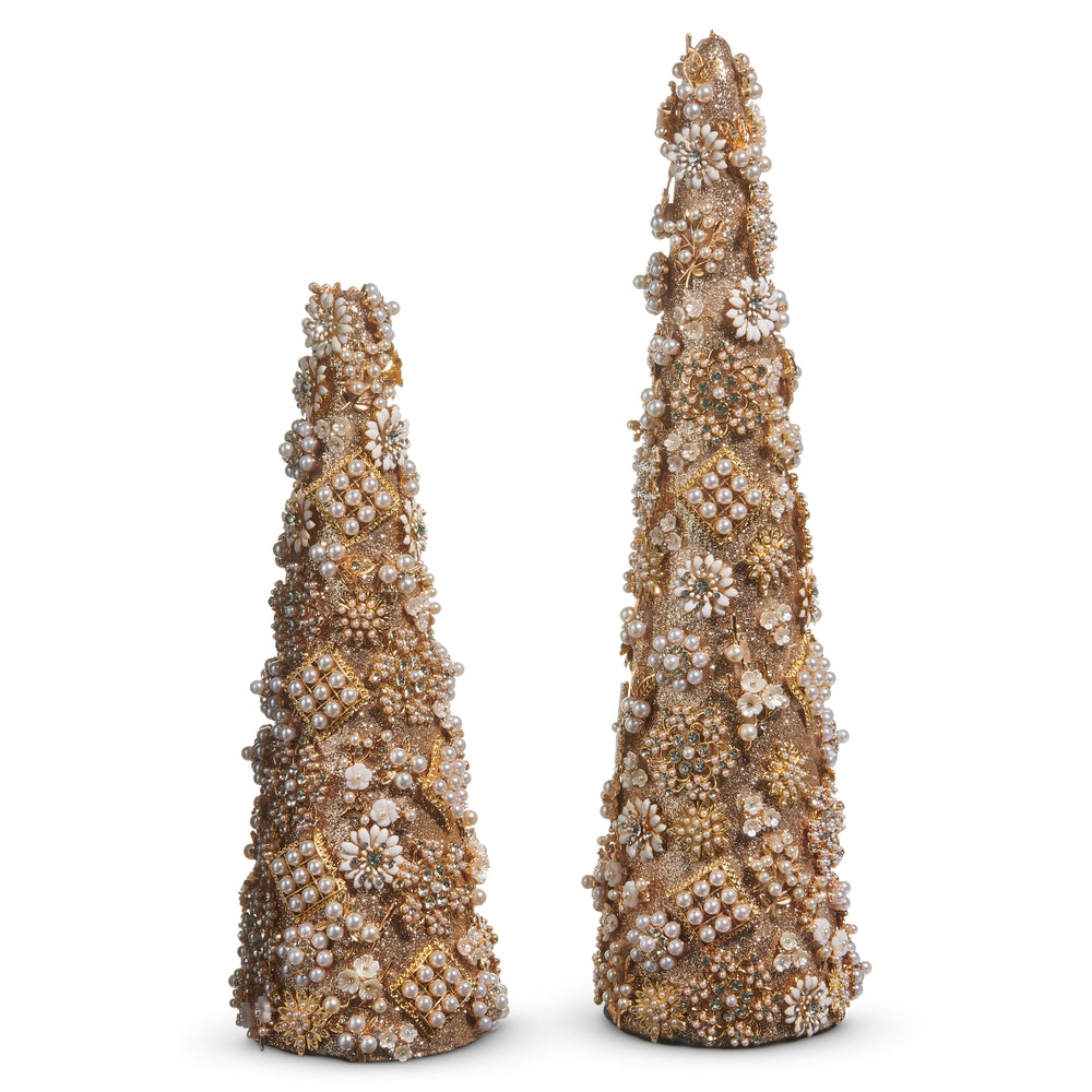 17.5" Gold Jewel and Pearl Brooch Cone Trees