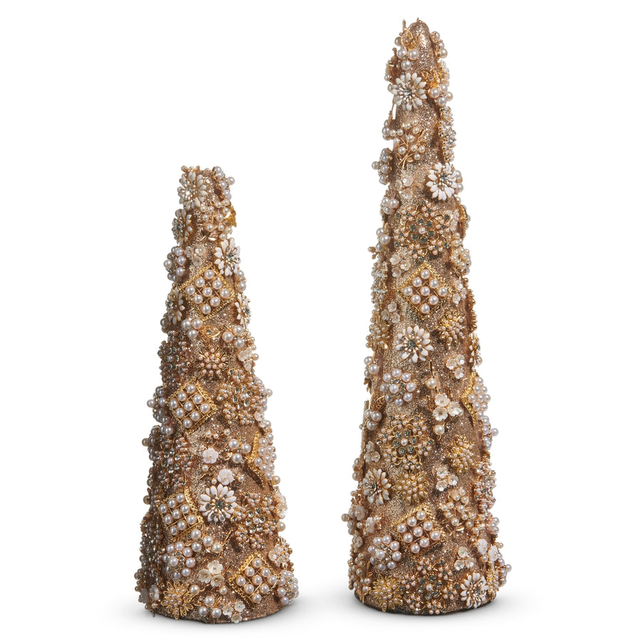 17.5" Gold Jewel and Pearl Brooch Cone Trees