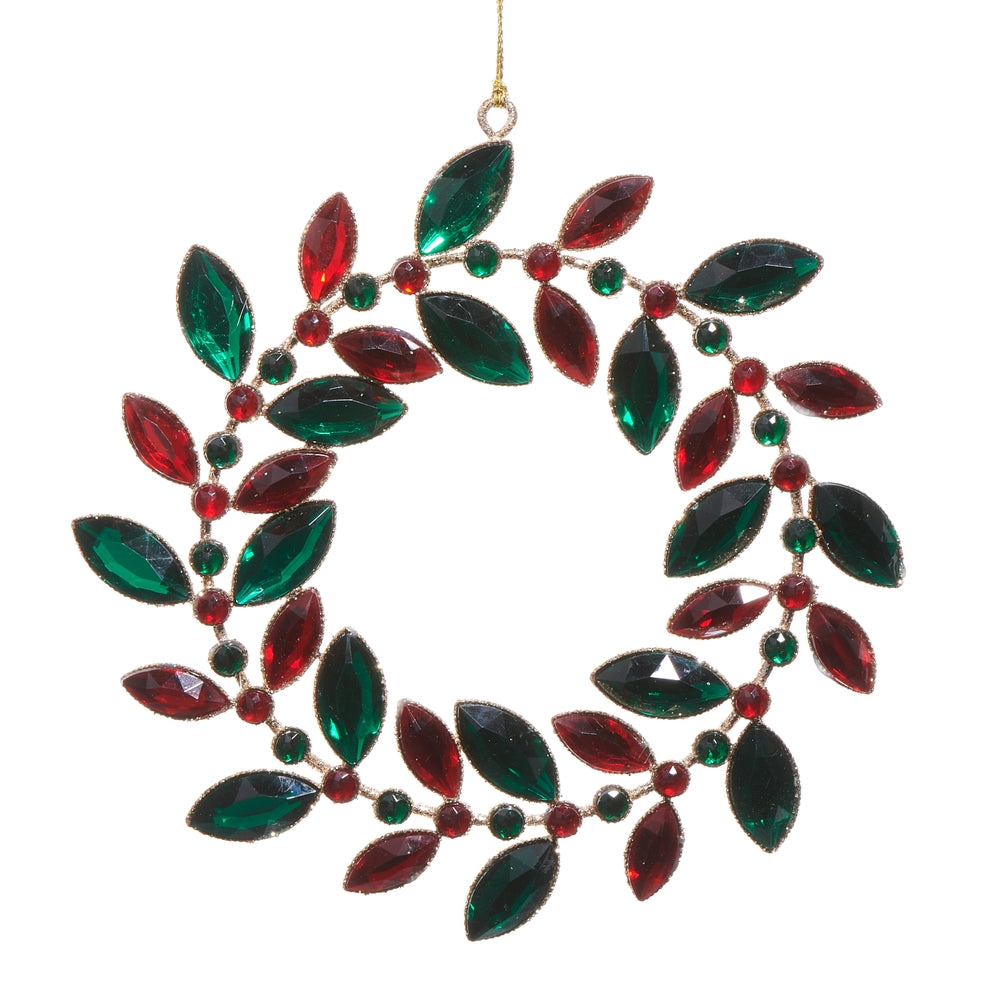 6" Red and Green Jeweled Wreath Ornament