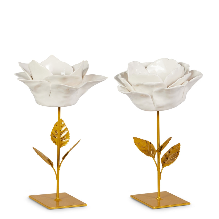 8" White and Gold Flower Candle Holder