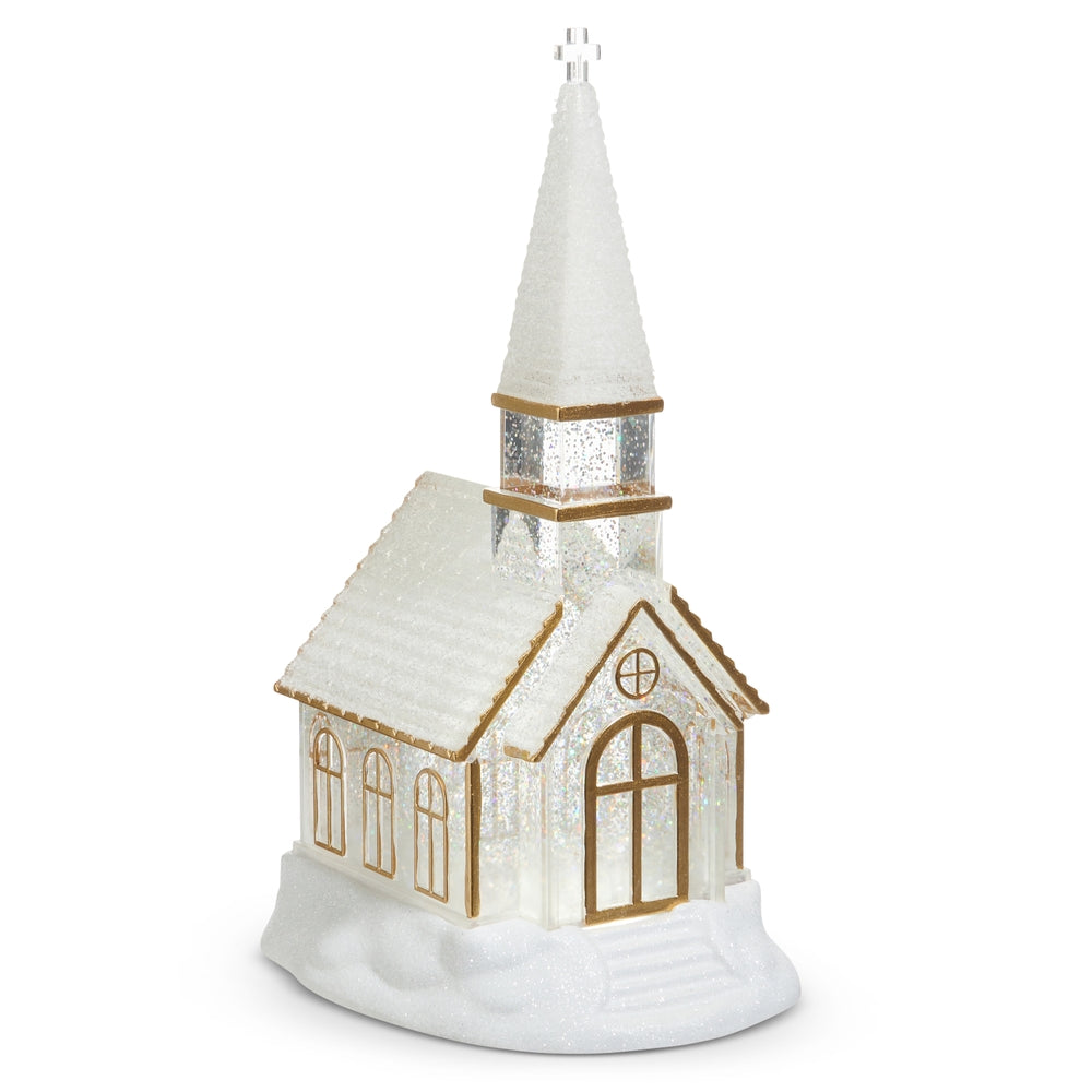 12.25" Lighted Swirling Glitter Water Church with Gold Accents