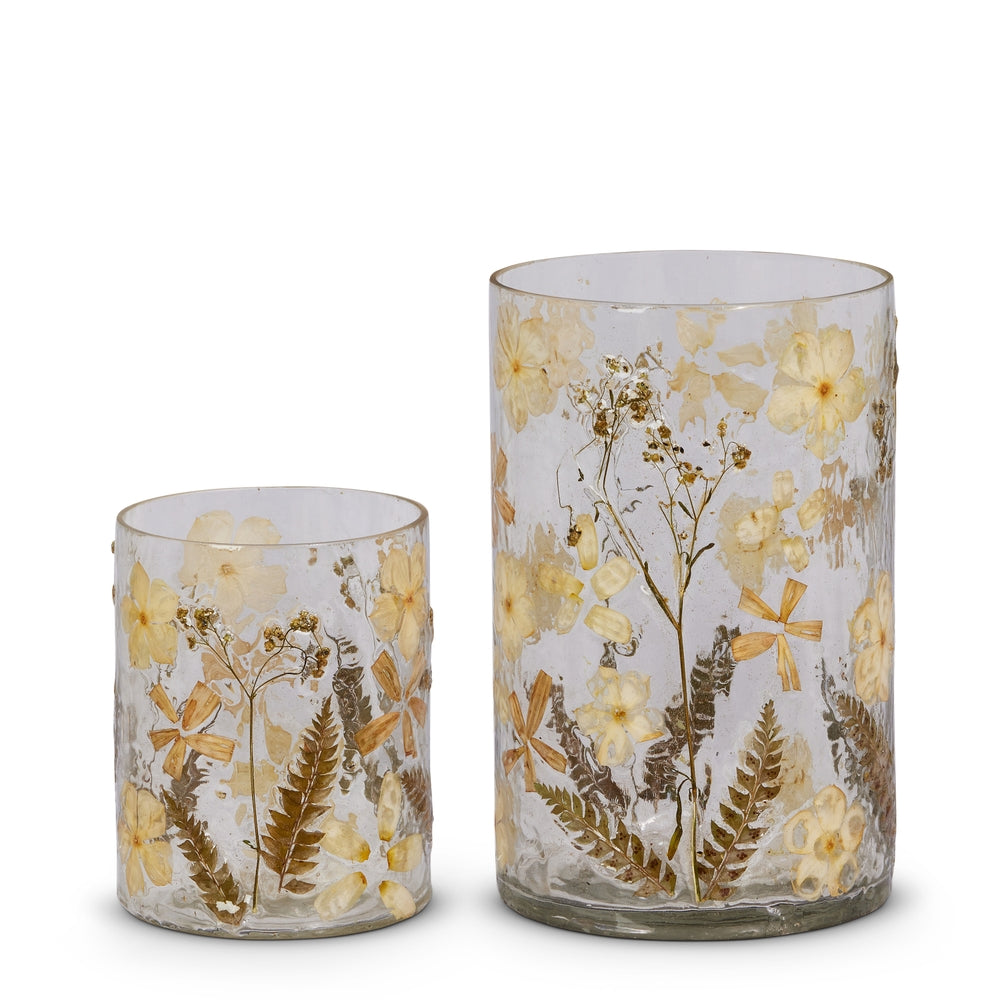 8" Dried Floral Glass Hurricane in Set Of 2 Gold