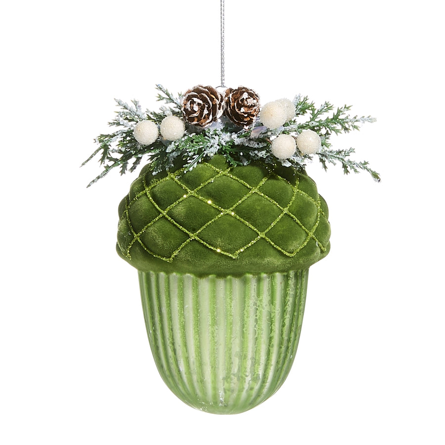 4.75" Green Flocked Cap Acorn Ornament