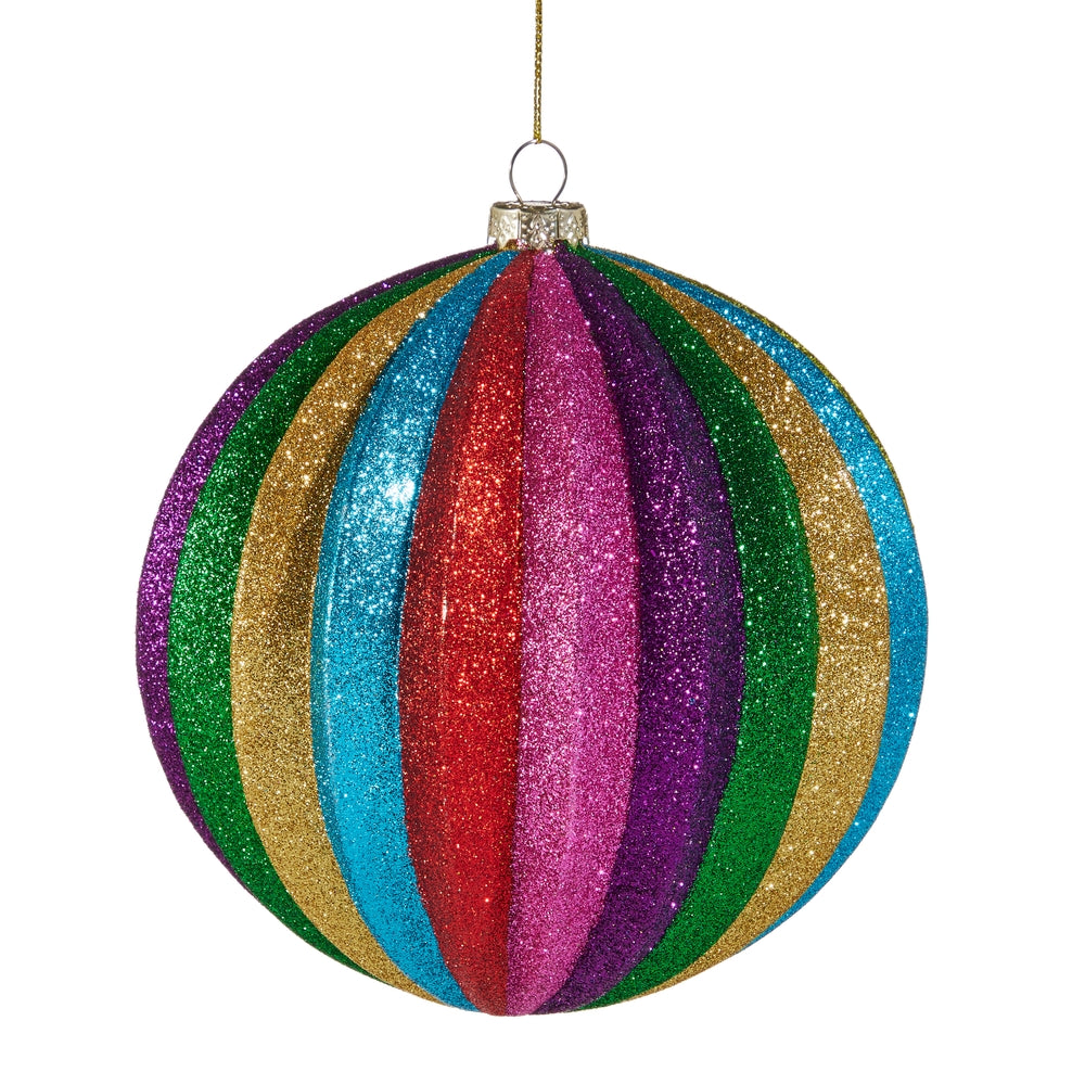 6" Multicolor Stripe Glitter Ball Ornament