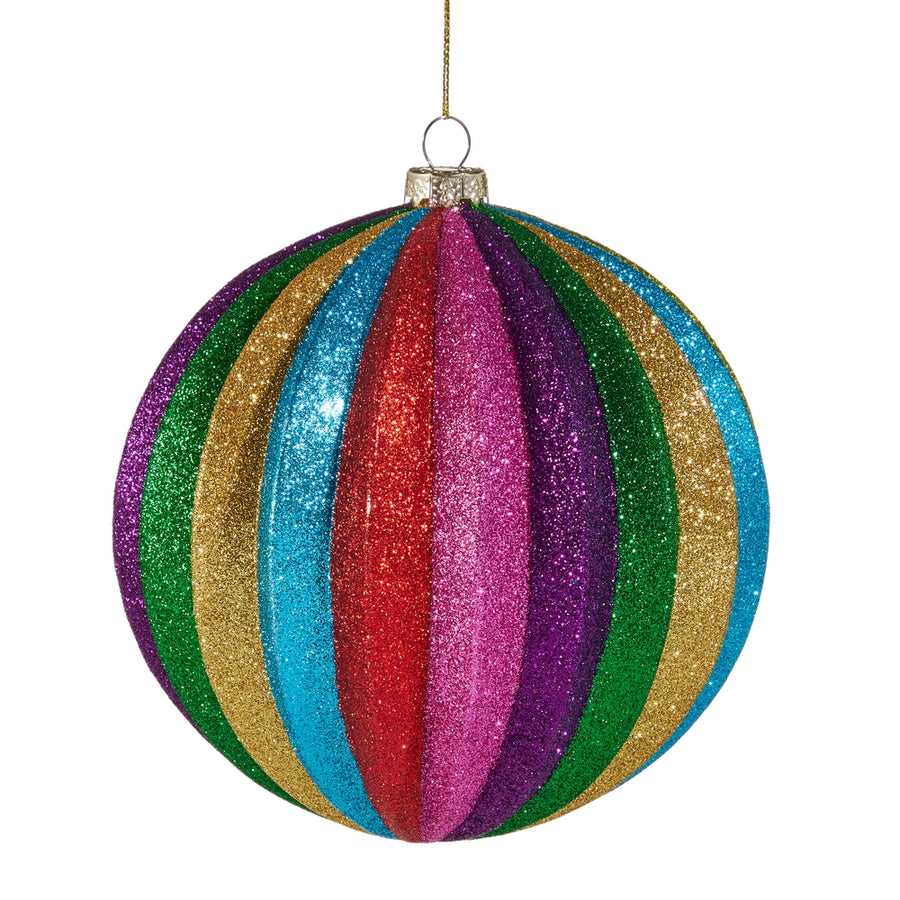 6" Multicolor Stripe Glitter Ball Ornament