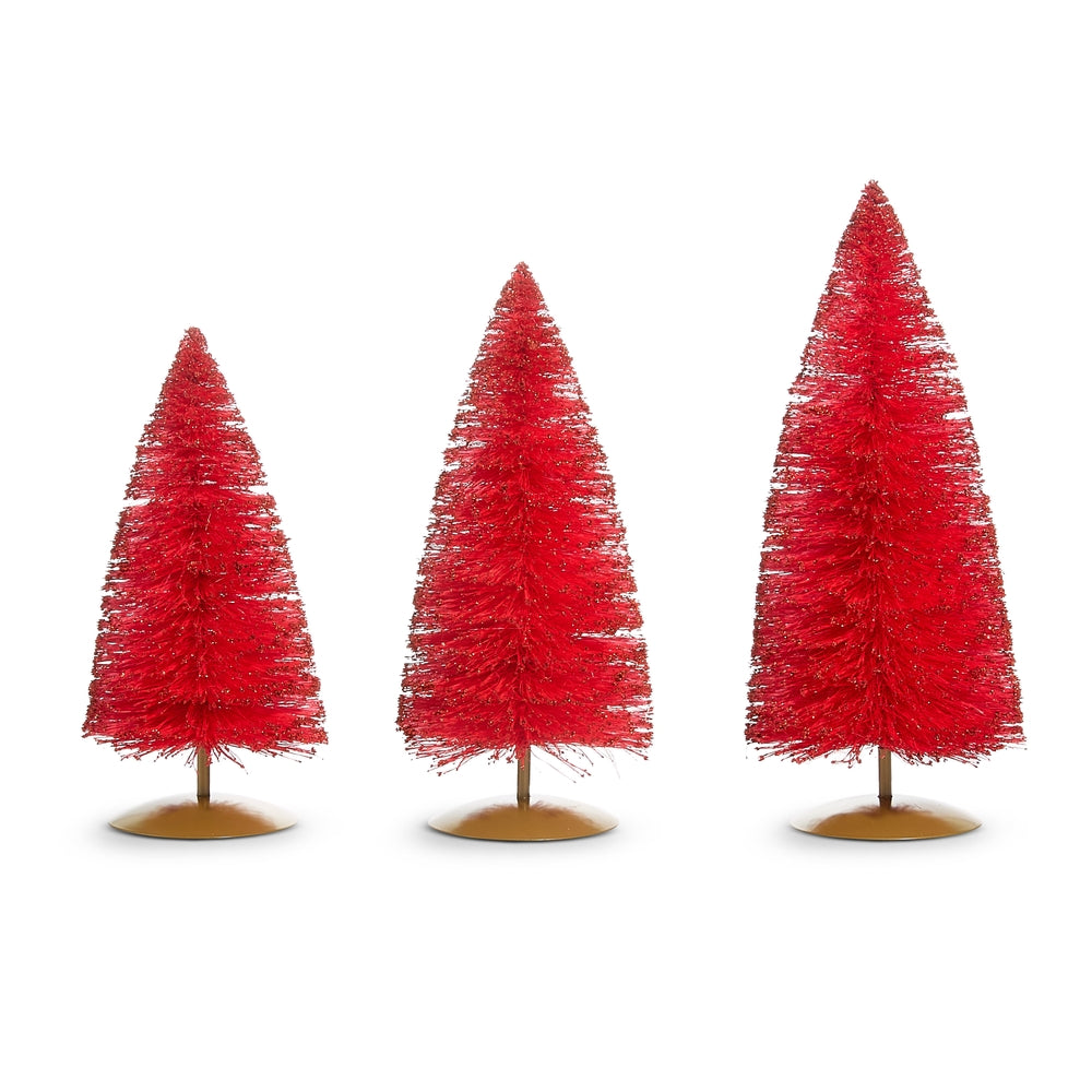 14" Red Glittered Bottle Brush Trees