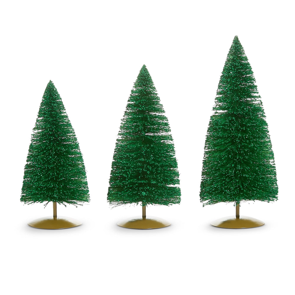 14" Green Glittered Bottle Brush Trees