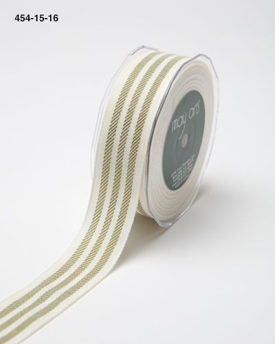 ~1.25 Inch Triple Woven Stripe Ribbon with Woven Edge – 454-15-16 Ivory/Olive Green