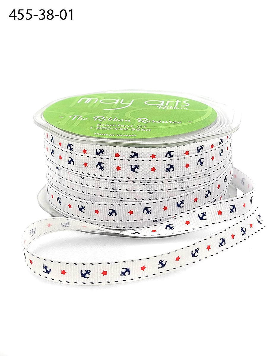 3/8 Inch Grosgrain Anchors and Stars Print Ribbon with Woven Edge – 455-38-01 White/Blue/Red