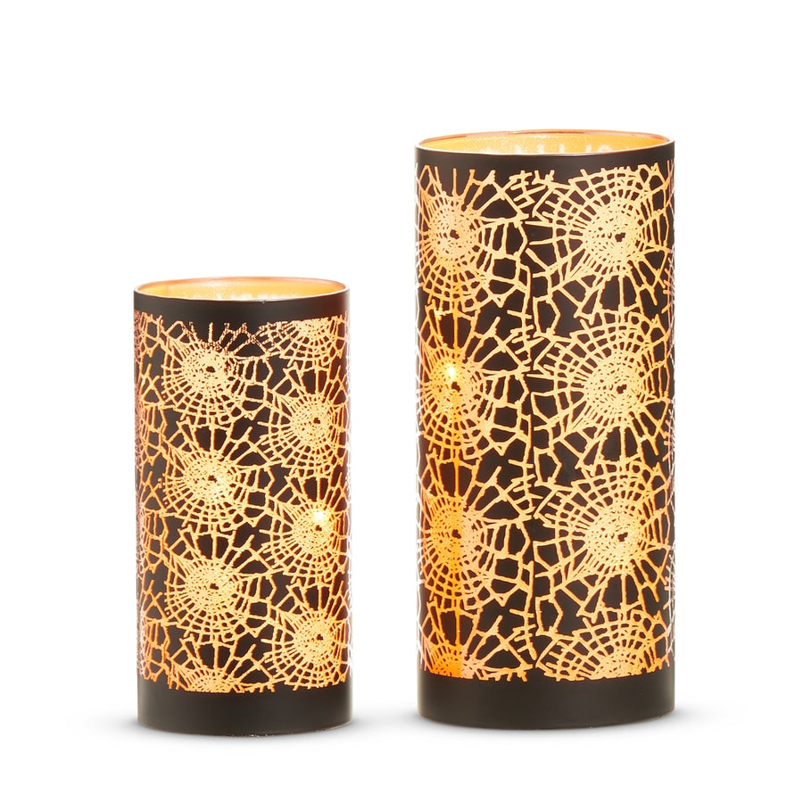 8" Lighted Orange and Black Crackled Cobweb Lanterns
