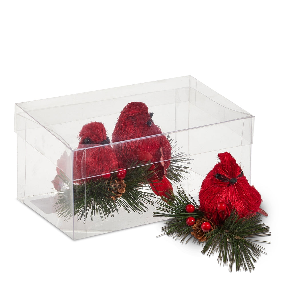 5" Box of Cardinal on Greenery Ornaments