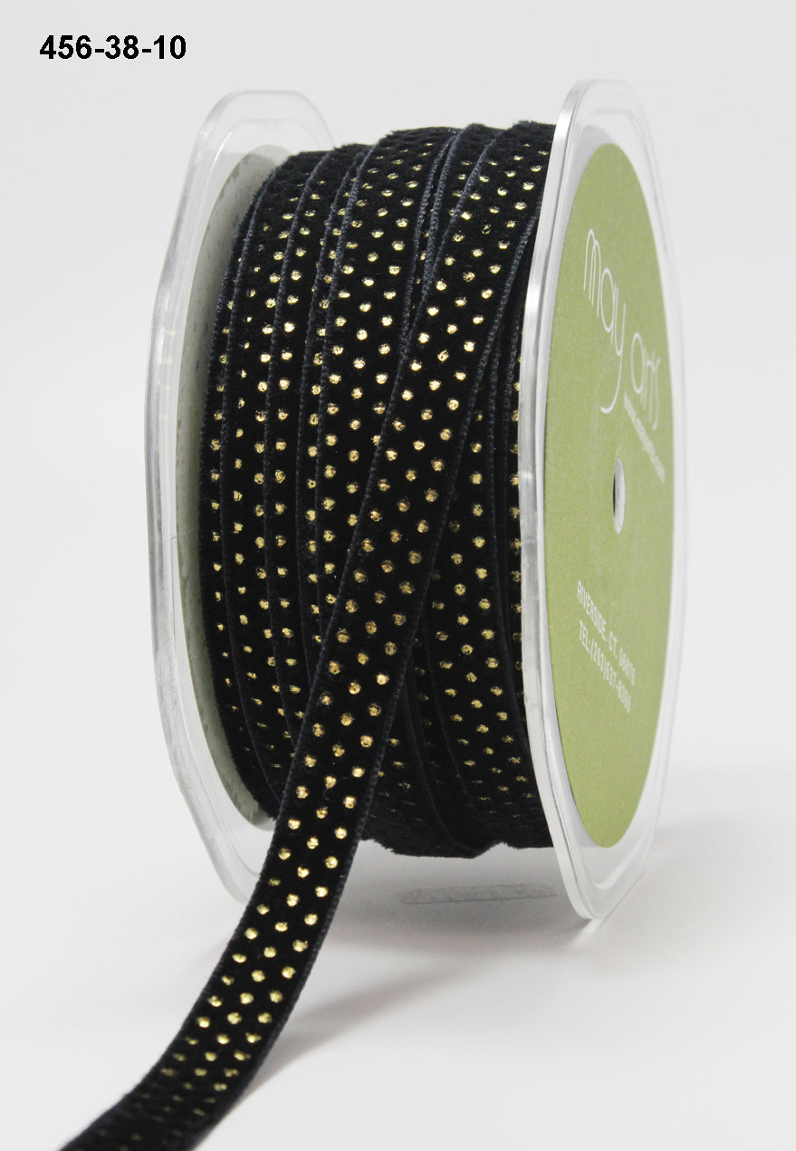3/8″ Velvet with Metallic Gold Mini Dots with Woven Edge – 456-38-10 Black