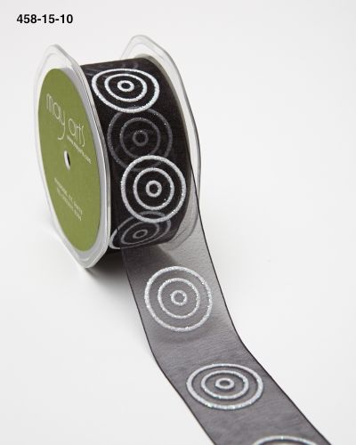 1.5 Inch Sheer with Glitter Bullseye Circles Ribbon with Woven Edge – 458-15-10 Black/White