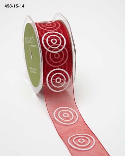 1.5 Inch Sheer with Glitter Bullseye Circles Ribbon with Woven Edge – 458-15-14 Red/White