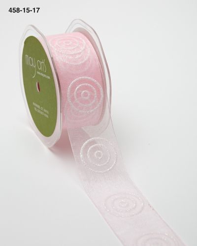 1.5 Inch Sheer with Glitter Bullseye Circles Ribbon with Woven Edge – 458-15-17 Light Pink/White