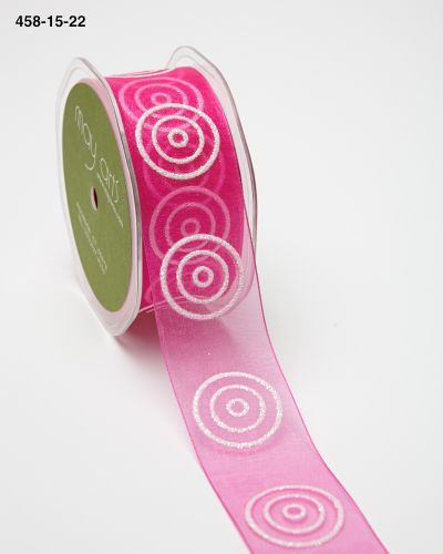 1.5 Inch Sheer with Glitter Bullseye Circles Ribbon with Woven Edge – 458-15-22 Hot Pink/White