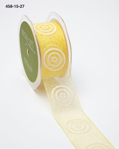 1.5 Inch Sheer with Glitter Bullseye Circles Ribbon with Woven Edge – 458-15-27 Yellow/White