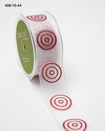 1.5 Inch Sheer with Glitter Bullseye Circles Ribbon with Woven Edge – 458-15-44 White/Red