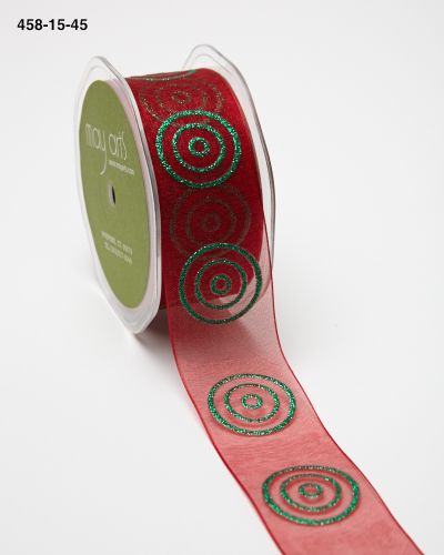 1.5 Inch Sheer with Glitter Bullseye Circles Ribbon with Woven Edge – 458-15-45 Red/Green