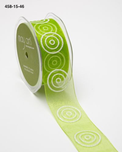 1.5 Inch Sheer with Glitter Bullseye Circles Ribbon with Woven Edge – 458-15-46 Parrot Green/White