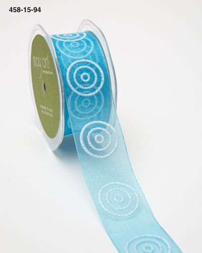 1.5 Inch Sheer with Glitter Bullseye Circles Ribbon with Woven Edge – 458-15-94 Turquoise/White