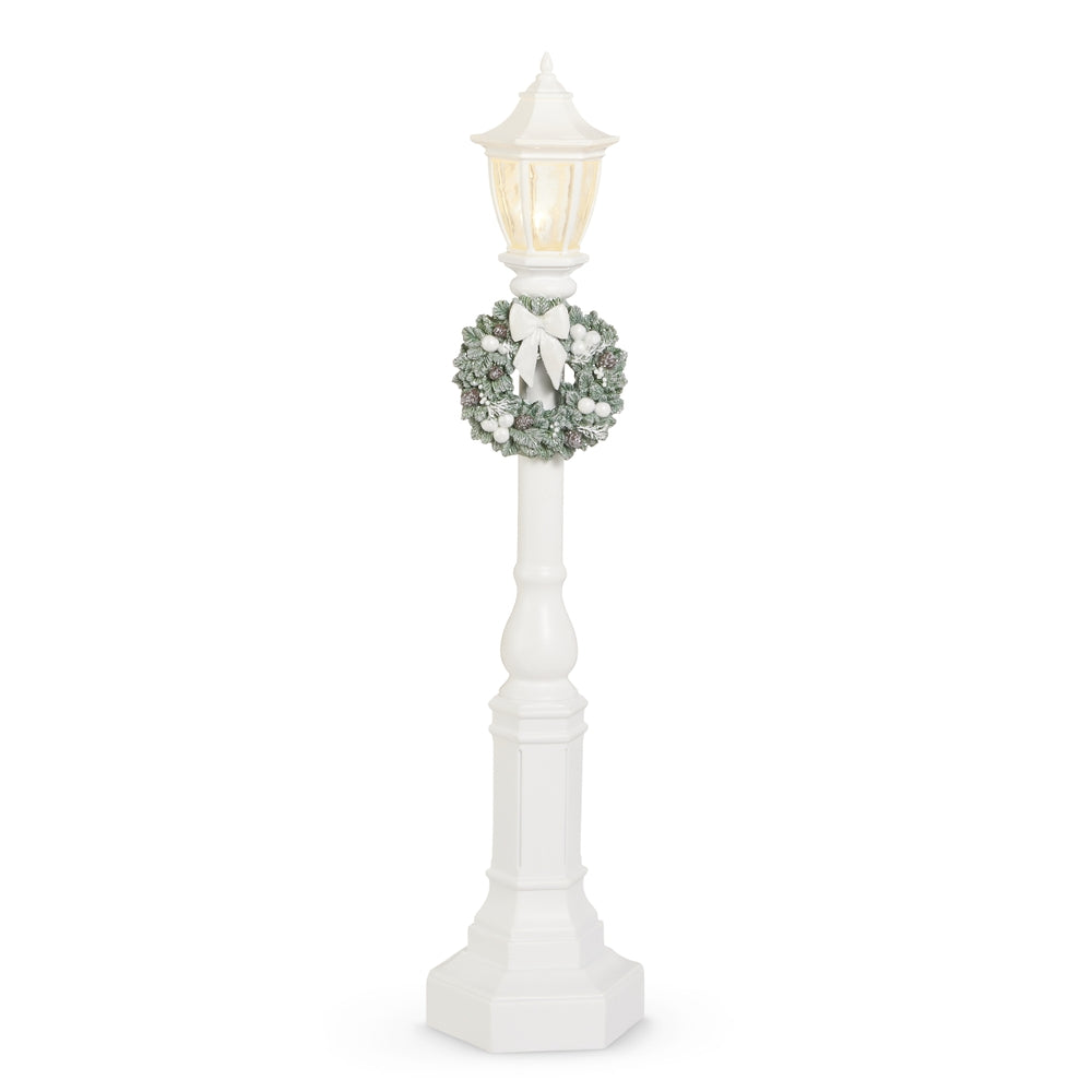 18" White Lamp Post with White Bow Wreath