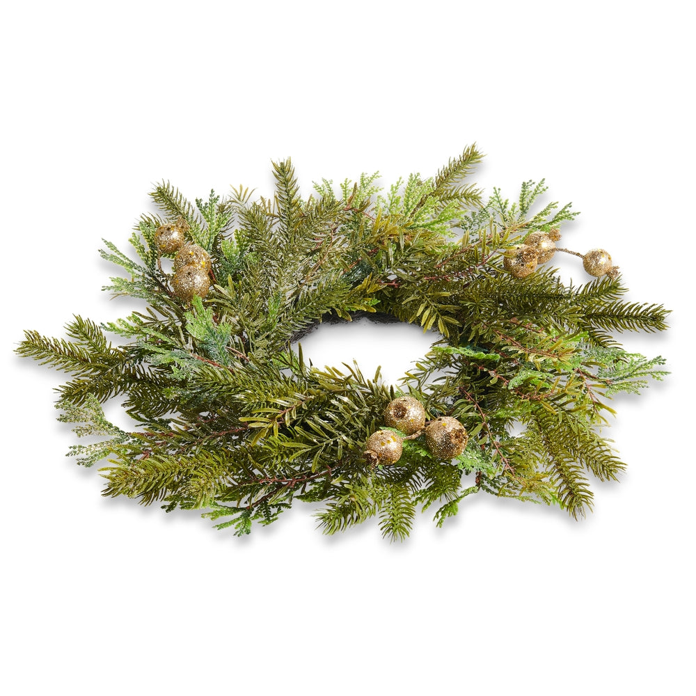 18.5" Gold Glitter Mixed Greenery Mini Wreath Candle Ring with Pods