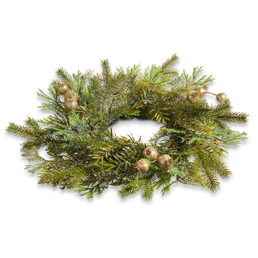 18.5" Gold Glitter Mixed Greenery Mini Wreath Candle Ring with Pods