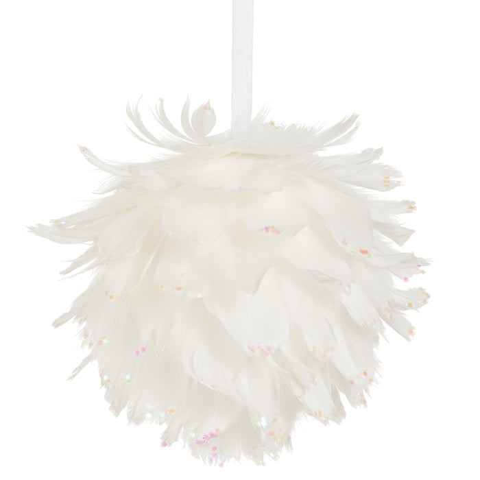 6" White Feather Ball Ornament