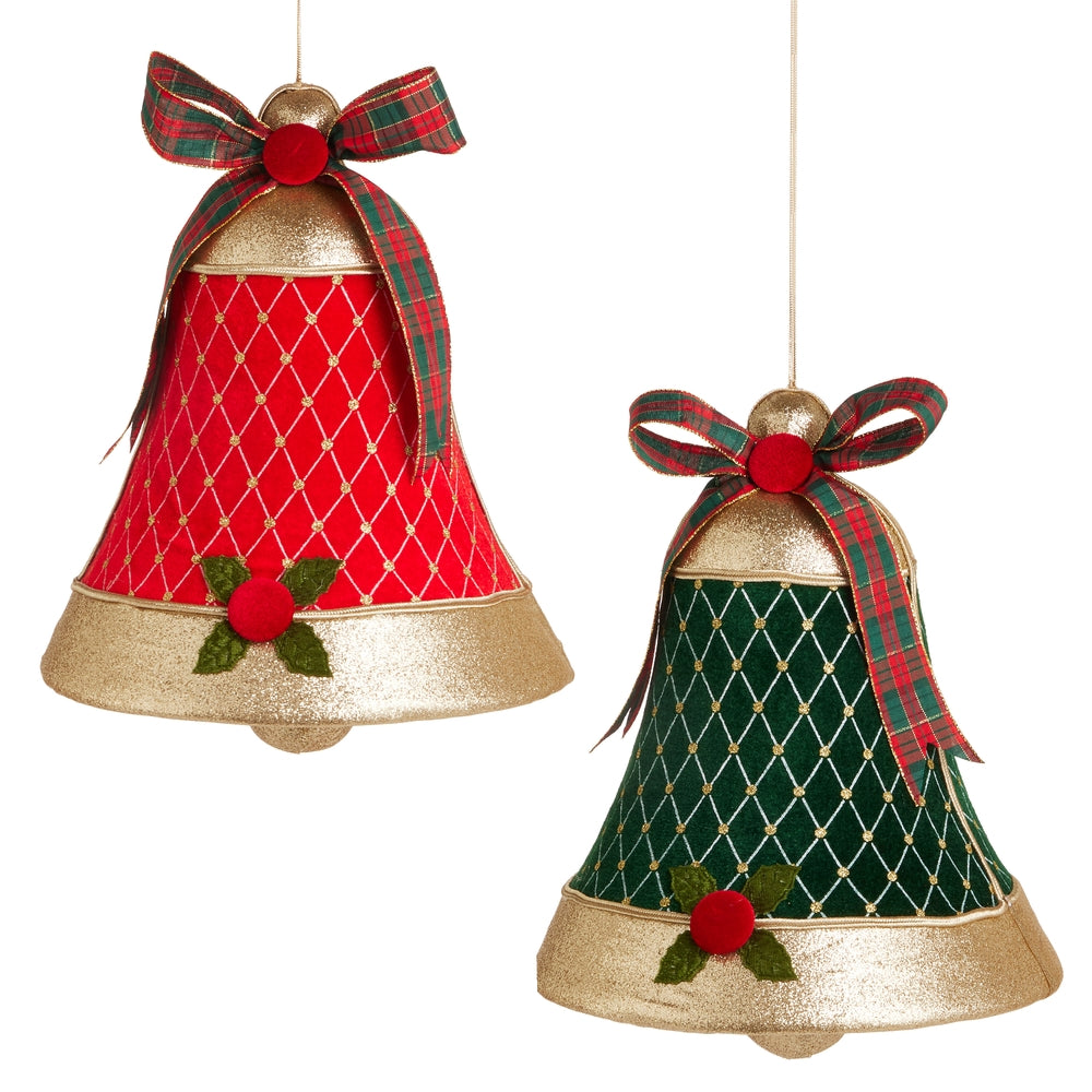 12" Red and Green Velvet Bell Ornament