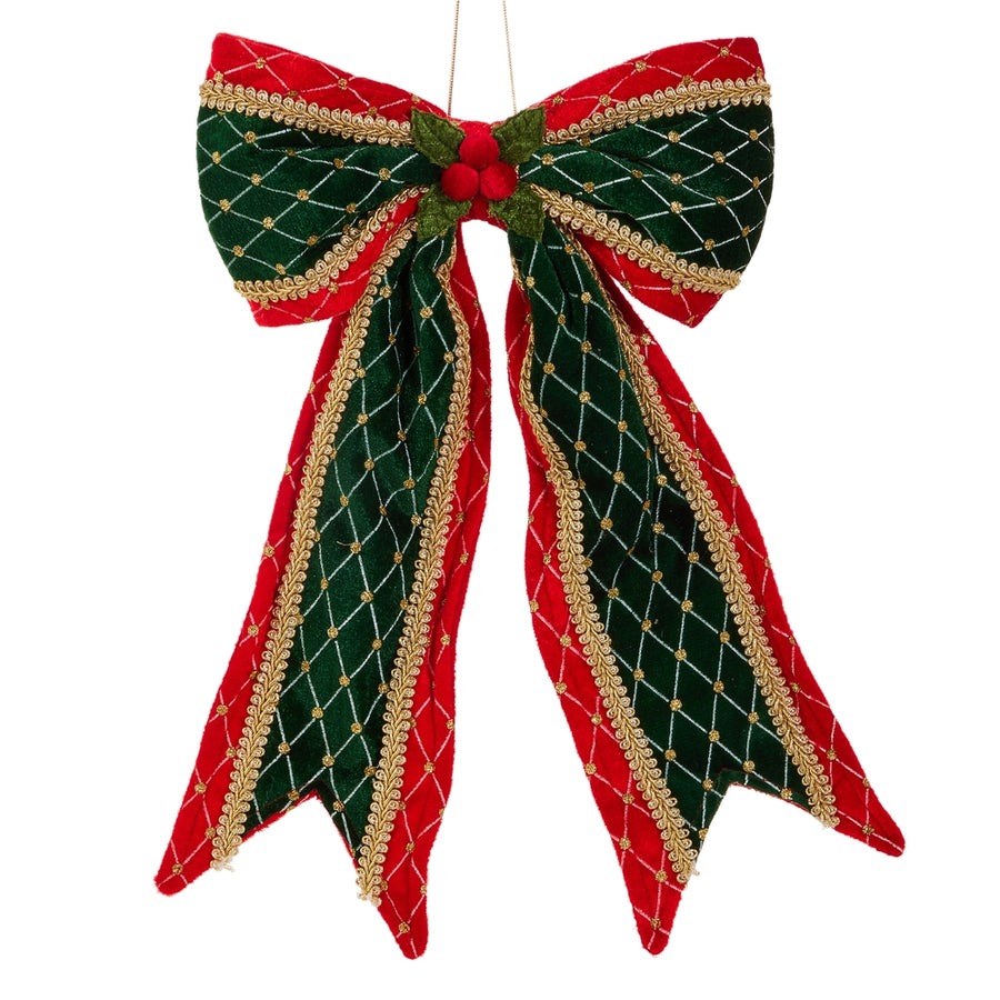15" Red and Green Velvet Bow Ornament