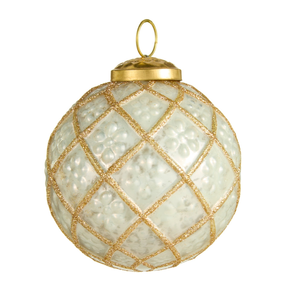 4" White and Gold Glitter Ball Ornament