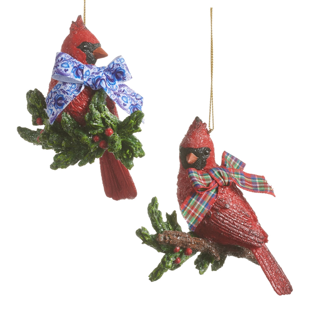 4" Cardinal with Holly and Bow Ornament