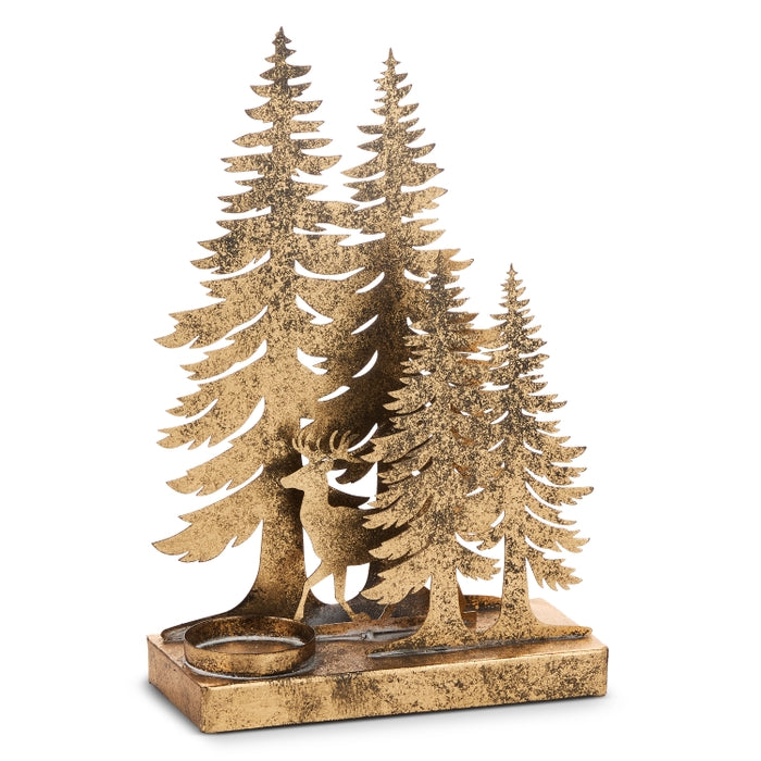 11" Pine Tree and Deer Candle Holder