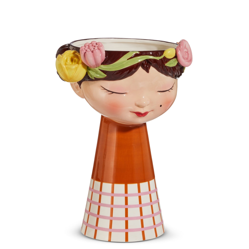 11" Girl Head Vase with Flowers
