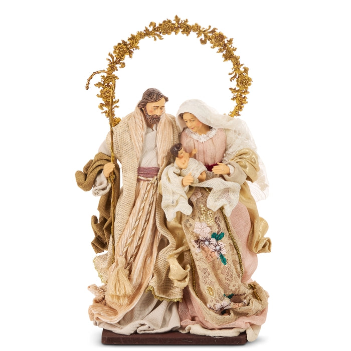 Holy Family with Halo Arch 15.5 Inch Pink Resin