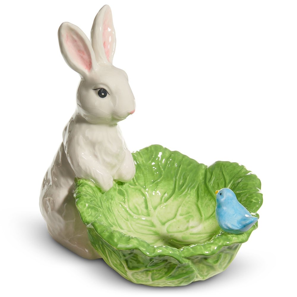 9" Green Cabbage Bowl with Bunny and Bird