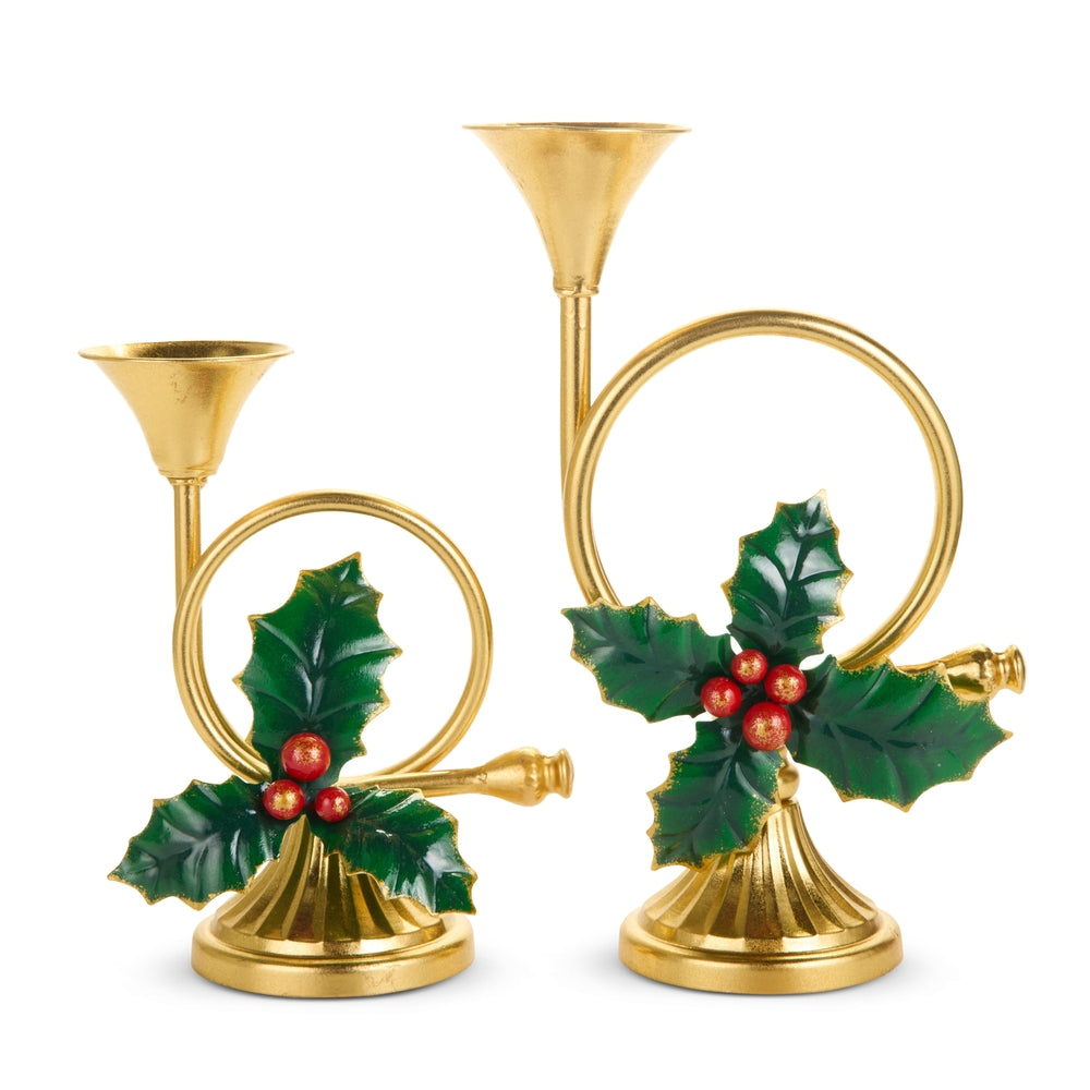 12" French Horn with Holly Candlesticks