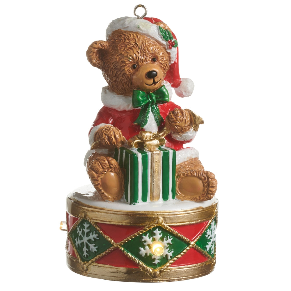 4.5" Lighted Teddy Bear on Drum Ornament