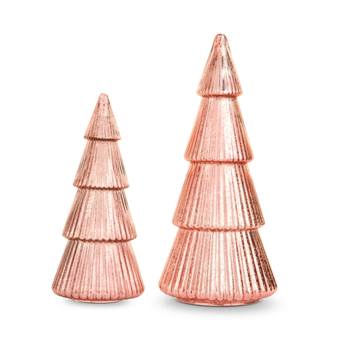 Pink Ribbed Trees Set of 2 Glass 14.5 Inch