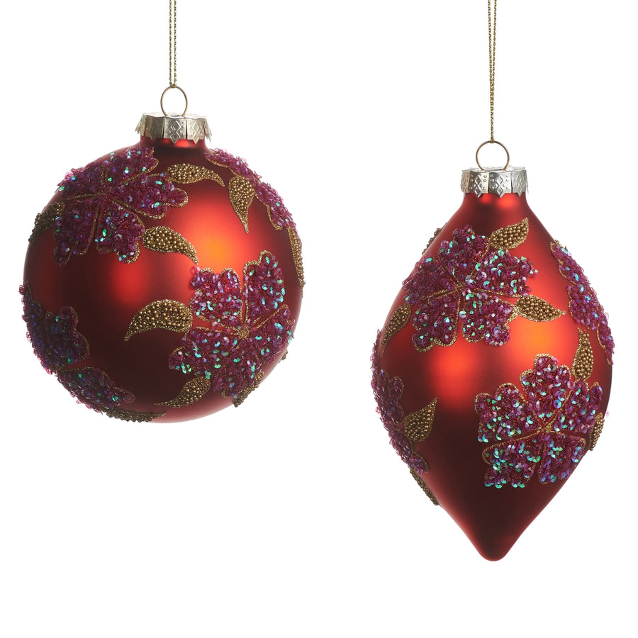 4" Glittered Floral Ball and Finial Ornament