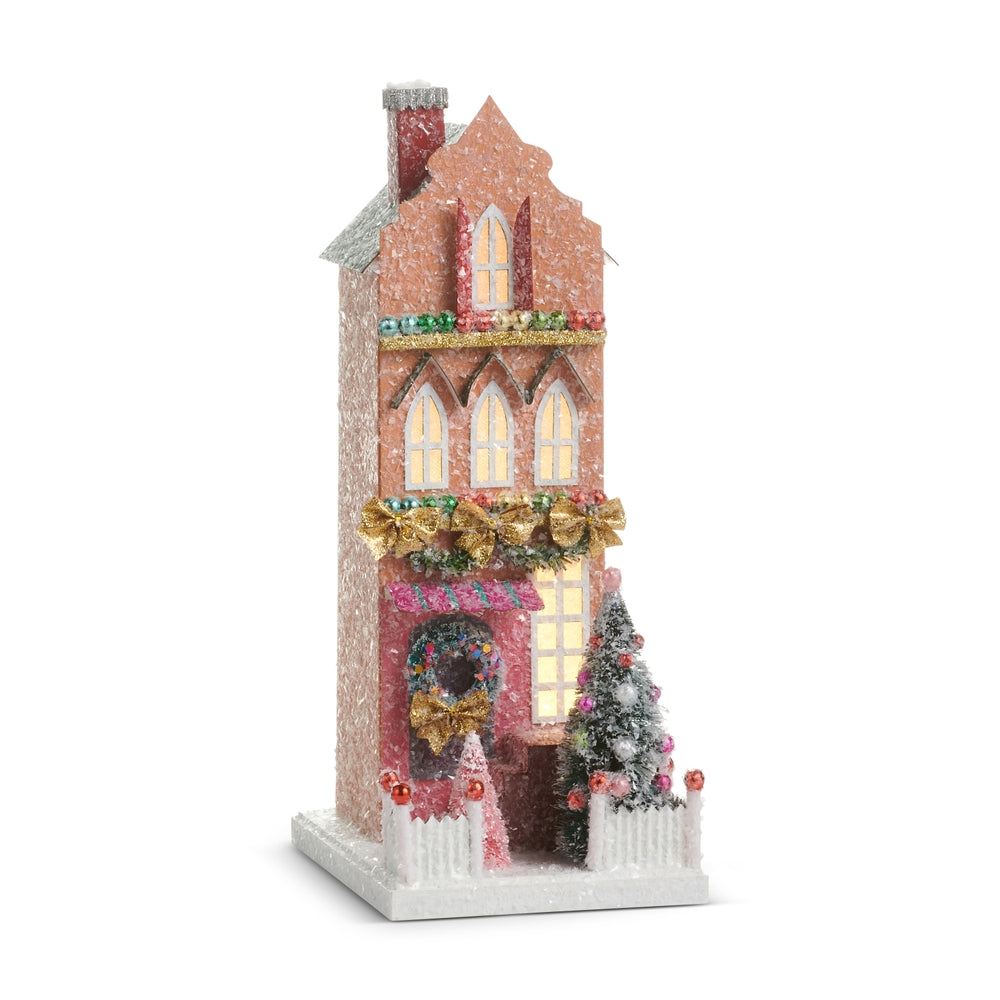 12" Multicolored Lighted Paper House | Pink