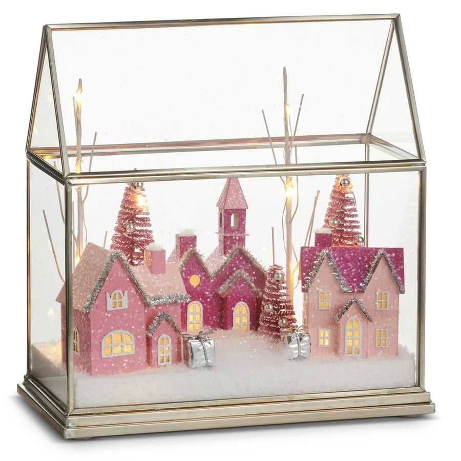 8.75" Pink Snow Village Lighted Terrarium